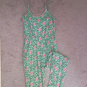 Green romper with pink flowers